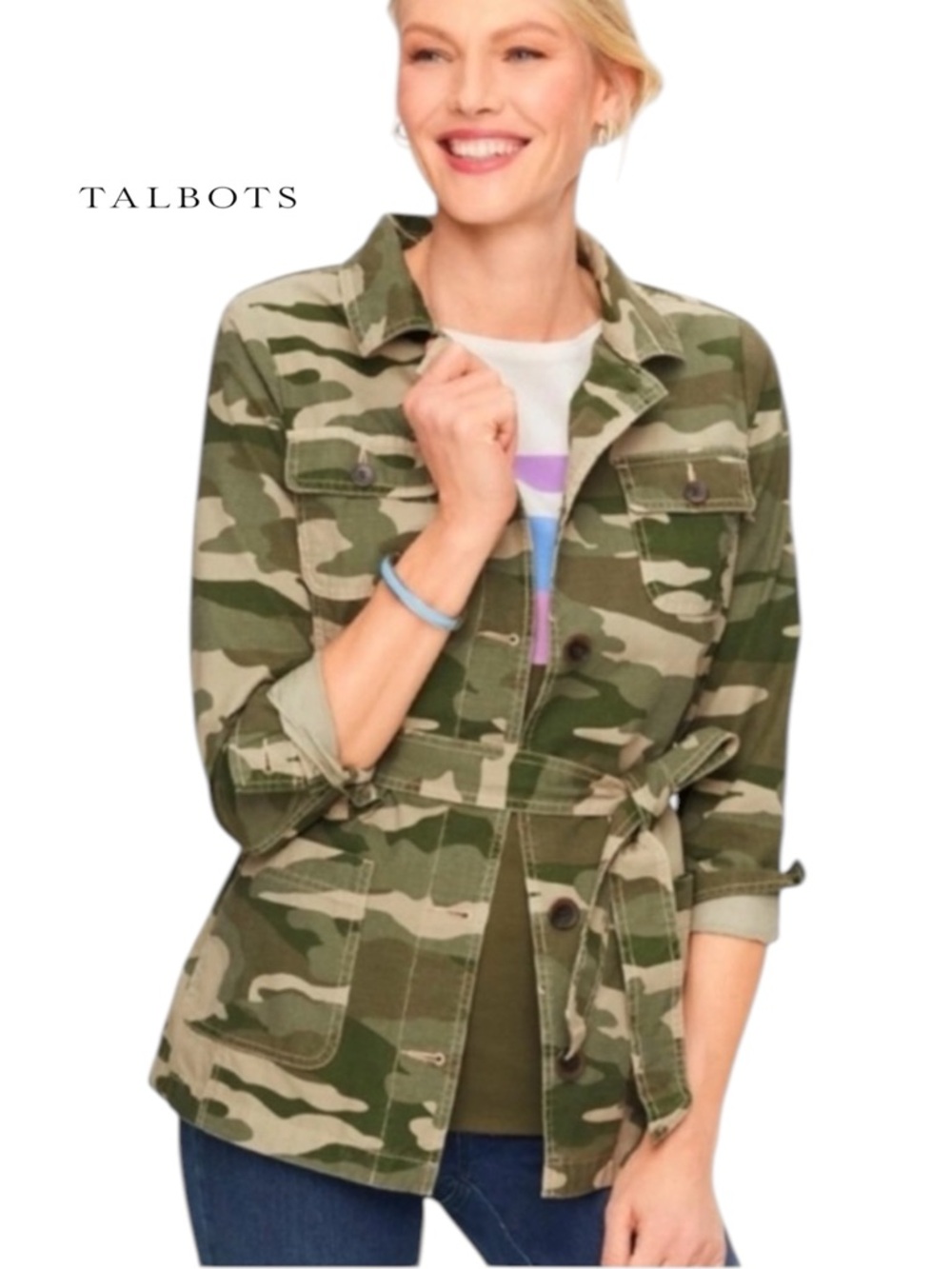 Talbots Camo Utility Jacket XL Belted Cotton Military Green NWOT